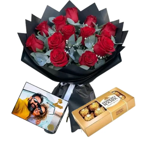 Ramo de 12 rosas rojas con foto tarjeta y rocher x8 